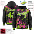 Custom Black Neon Green Pink-White Splash 3D Pattern Design Bomber Full-Snap Varsity Letterman Hoodie Jacket