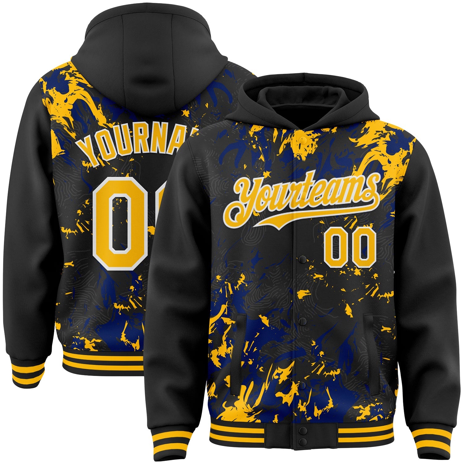 Custom Black Gold Royal-White Splash 3D Pattern Design Bomber Full-Snap Varsity Letterman Hoodie Jacket