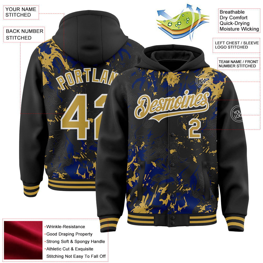 Custom Black Old Gold Royal-White Splash 3D Pattern Design Bomber Full-Snap Varsity Letterman Hoodie Jacket