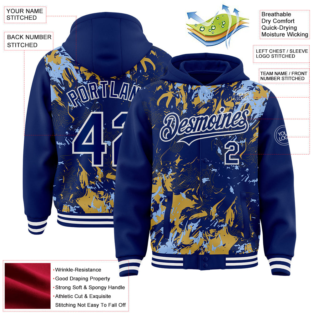 Custom Royal Light Blue Old Gold-White Splash 3D Pattern Design Bomber Full-Snap Varsity Letterman Hoodie Jacket