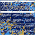 Custom Royal Powder Blue Old Gold-White Splash 3D Pattern Design Bomber Full-Snap Varsity Letterman Hoodie Jacket