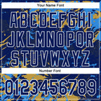 Custom Royal Powder Blue Old Gold-White Splash 3D Pattern Design Bomber Full-Snap Varsity Letterman Hoodie Jacket