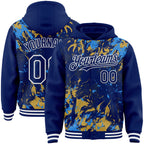 Custom Royal Powder Blue Old Gold-White Splash 3D Pattern Design Bomber Full-Snap Varsity Letterman Hoodie Jacket