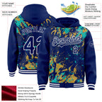 Custom Royal Aqua Old Gold-White Splash 3D Pattern Design Bomber Full-Snap Varsity Letterman Hoodie Jacket