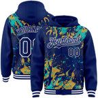 Custom Royal Aqua Old Gold-White Splash 3D Pattern Design Bomber Full-Snap Varsity Letterman Hoodie Jacket