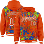 Custom Orange Neon Green Thunder Blue-White Splash 3D Pattern Design Bomber Full-Snap Varsity Letterman Hoodie Jacket