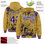 Custom Old Gold Purple Black-White Splash 3D Pattern Design Bomber Full-Snap Varsity Letterman Hoodie Jacket
