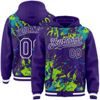 Custom Purple Teal Neon Green-White Splash 3D Pattern Design Bomber Full-Snap Varsity Letterman Hoodie Jacket