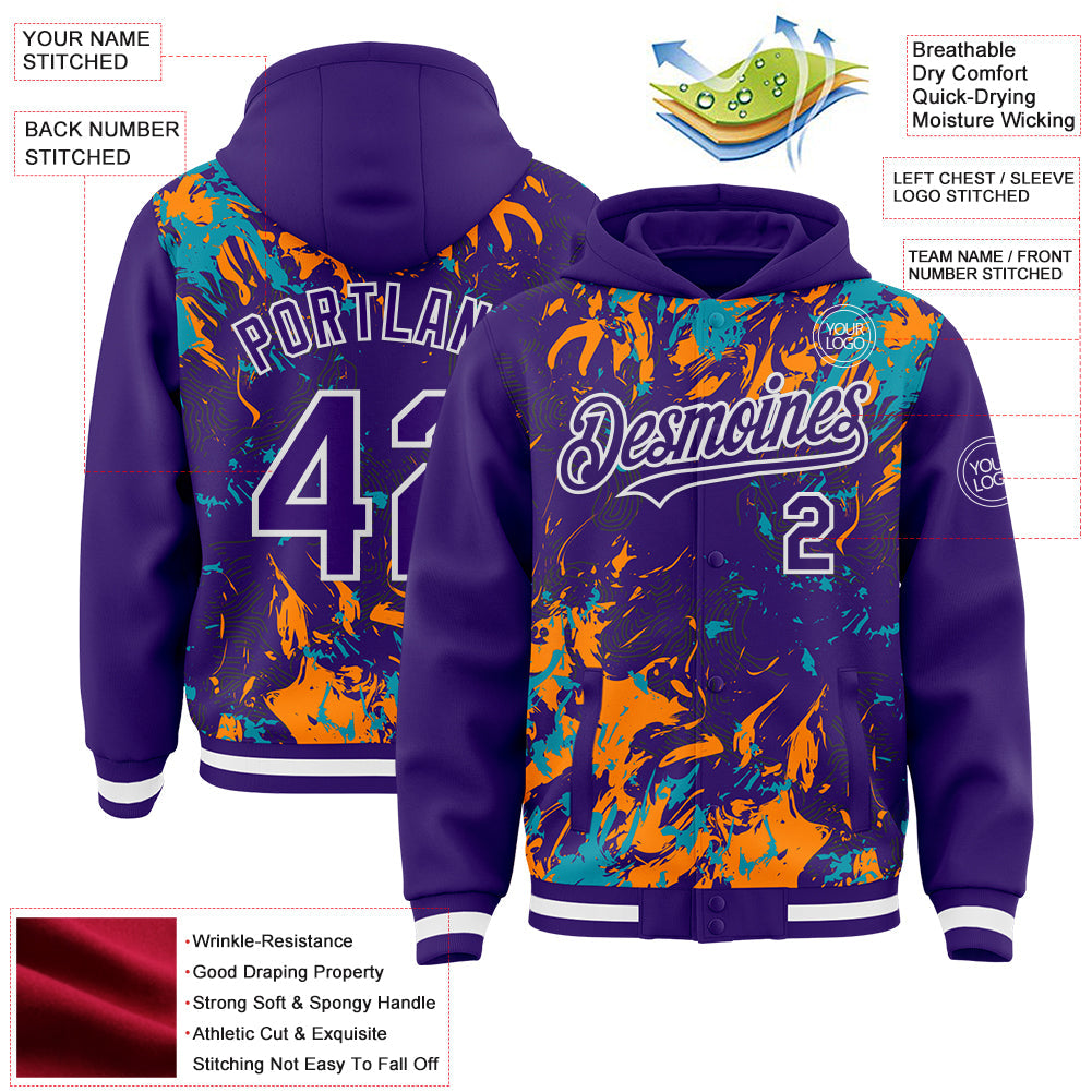 Custom Purple Teal Bay Orange-White Splash 3D Pattern Design Bomber Full-Snap Varsity Letterman Hoodie Jacket