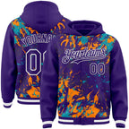 Custom Purple Teal Bay Orange-White Splash 3D Pattern Design Bomber Full-Snap Varsity Letterman Hoodie Jacket