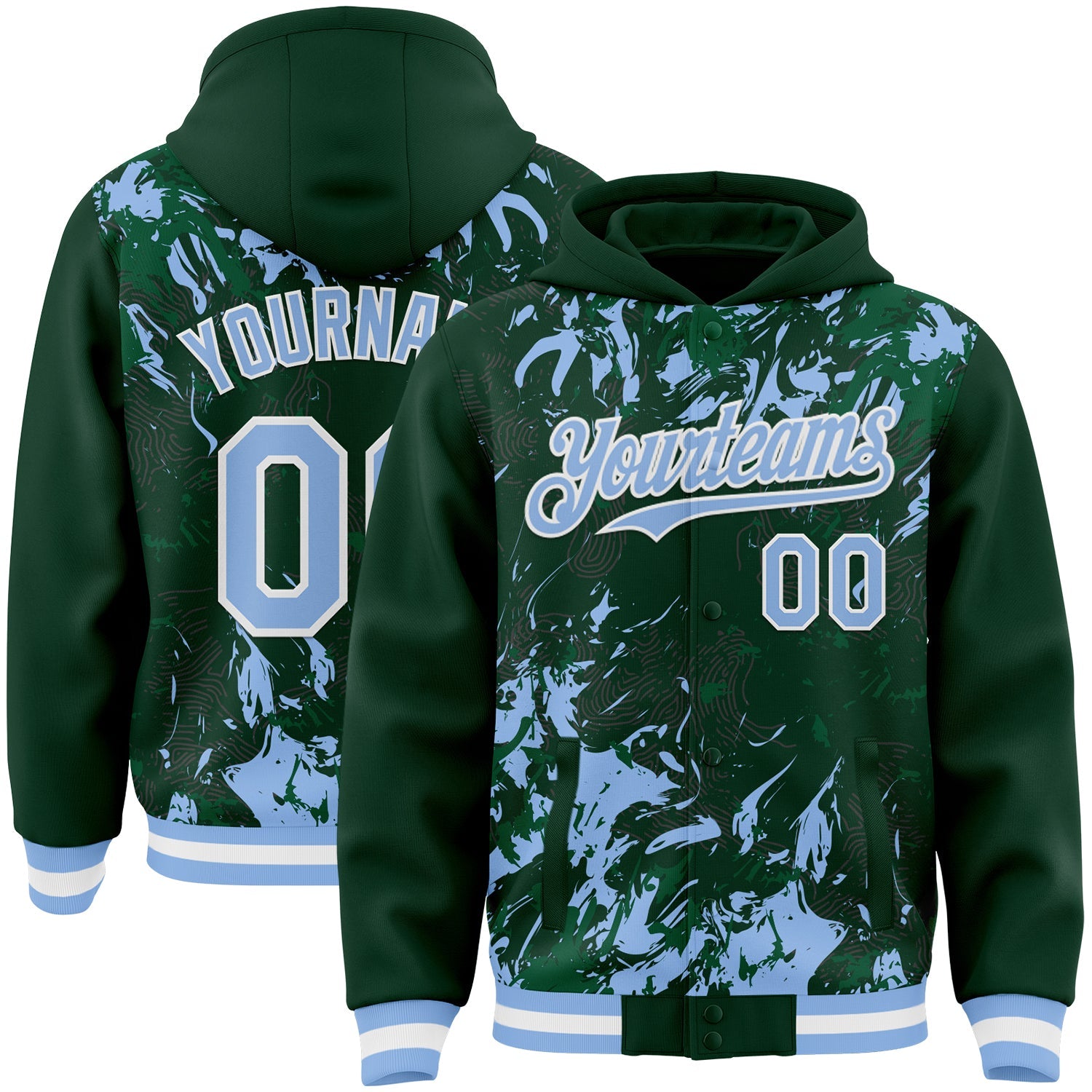 Custom Green Light Blue Kelly Green-White Splash 3D Pattern Design Bomber Full-Snap Varsity Letterman Hoodie Jacket