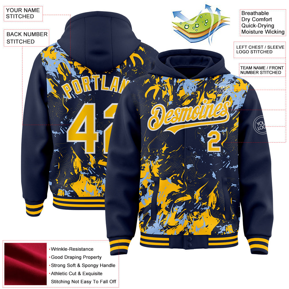 Custom Navy Gold Light Blue-White Splash 3D Pattern Design Bomber Full-Snap Varsity Letterman Hoodie Jacket