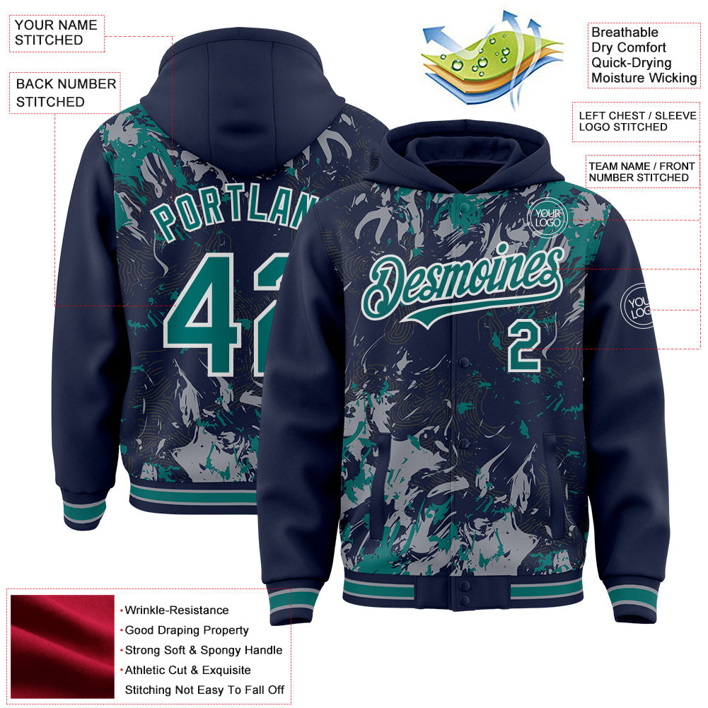Custom Navy Teal Gray-White Splash 3D Pattern Design Bomber Full-Snap Varsity Letterman Hoodie Jacket