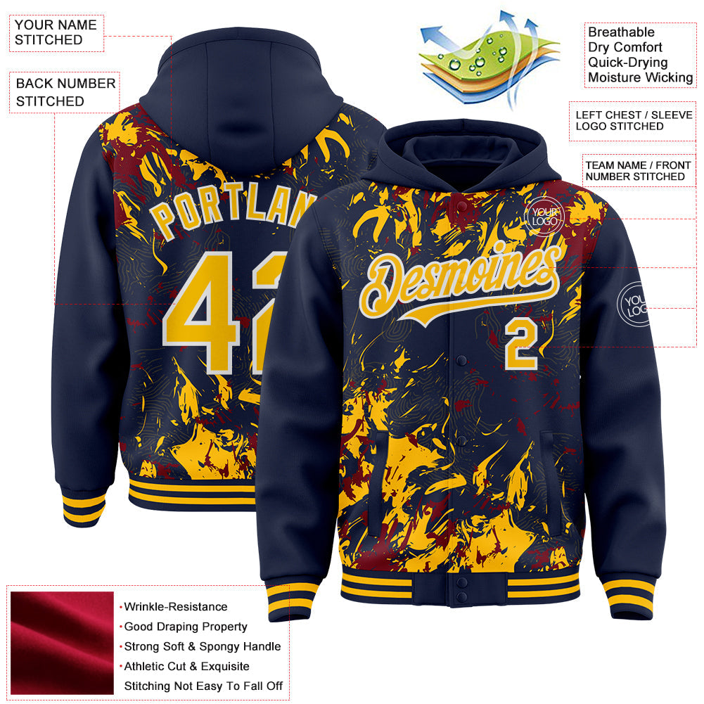 Custom Navy Gold Crimson-White Splash 3D Pattern Design Bomber Full-Snap Varsity Letterman Hoodie Jacket