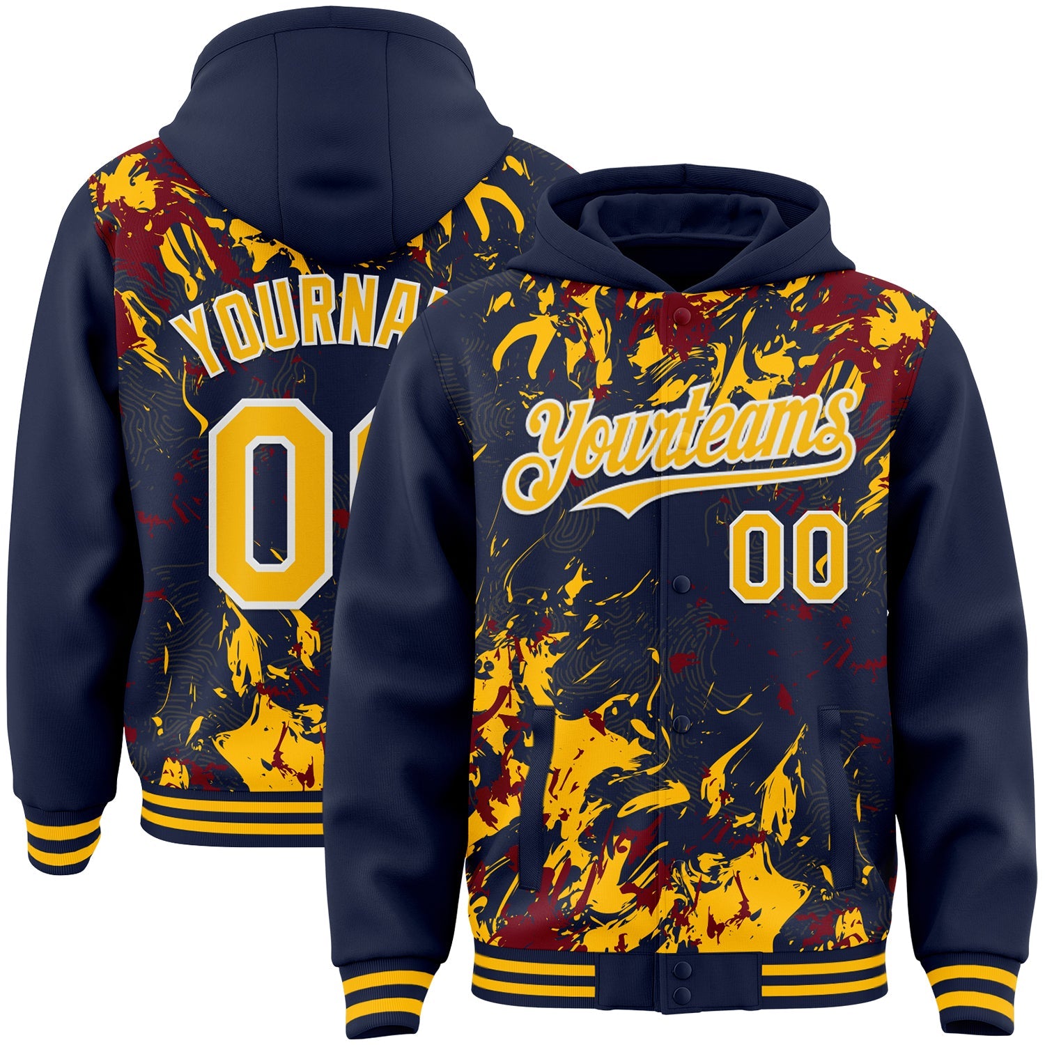 Custom Navy Gold Crimson-White Splash 3D Pattern Design Bomber Full-Snap Varsity Letterman Hoodie Jacket