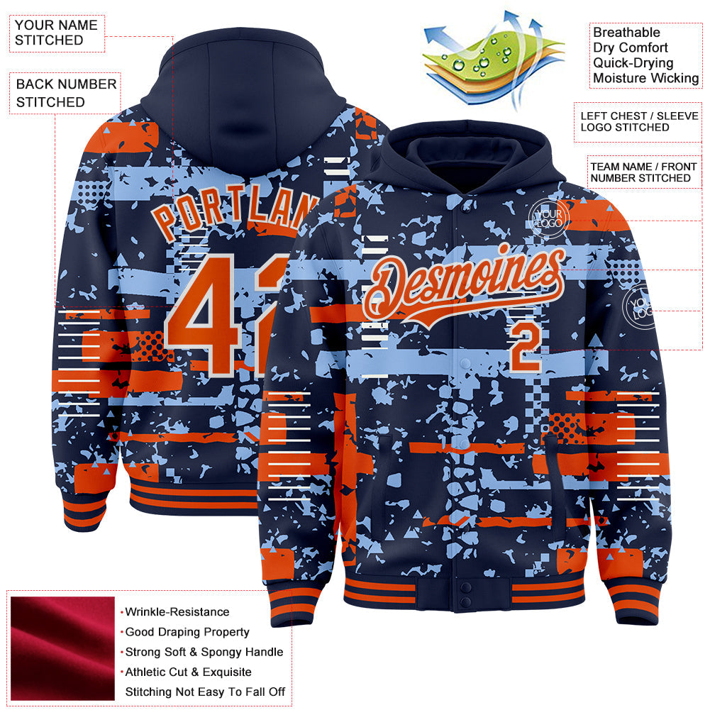 Custom Navy Orange Light Blue-White Abstract Fragment Shape 3D Pattern Design Bomber Full-Snap Varsity Letterman Hoodie Jacket