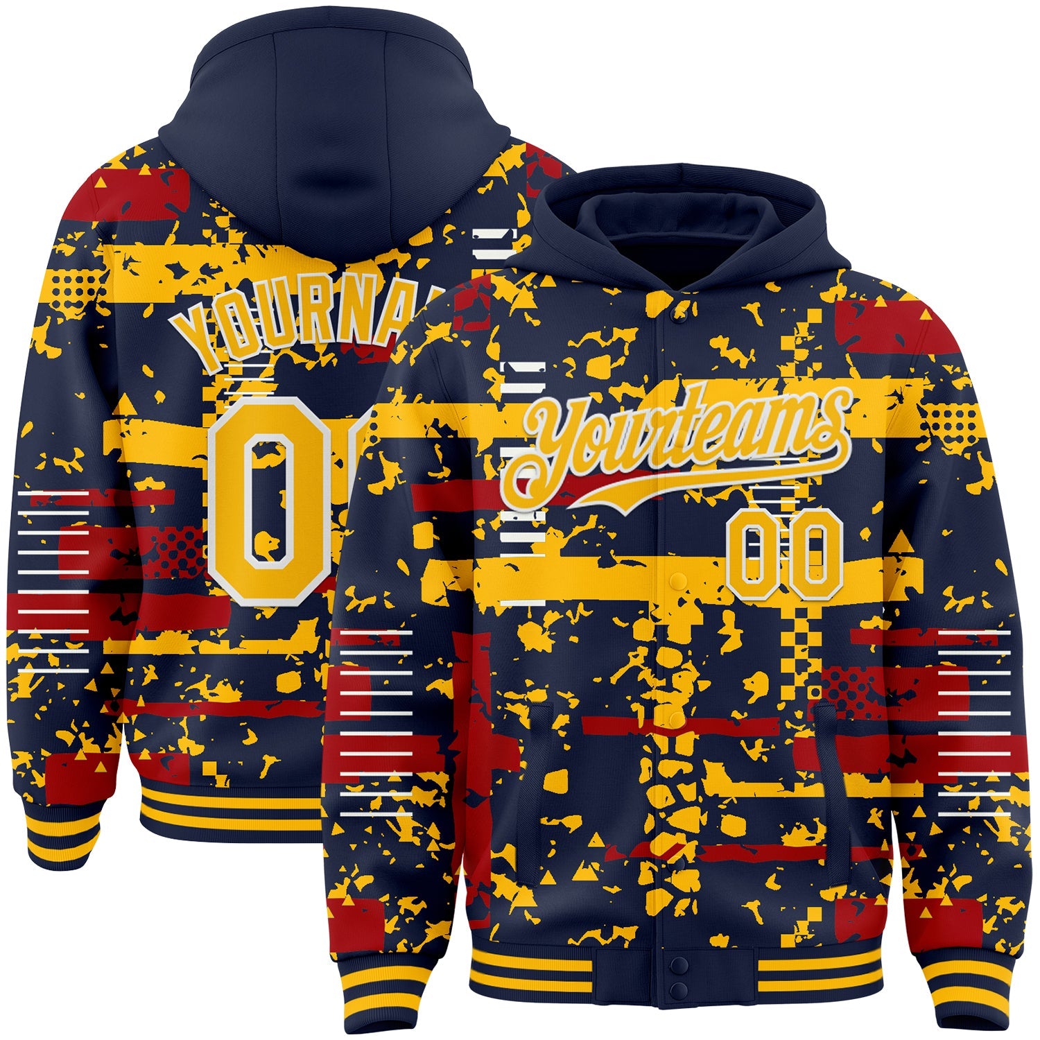 Custom Navy Gold Red-White Abstract Fragment Shape 3D Pattern Design Bomber Full-Snap Varsity Letterman Hoodie Jacket