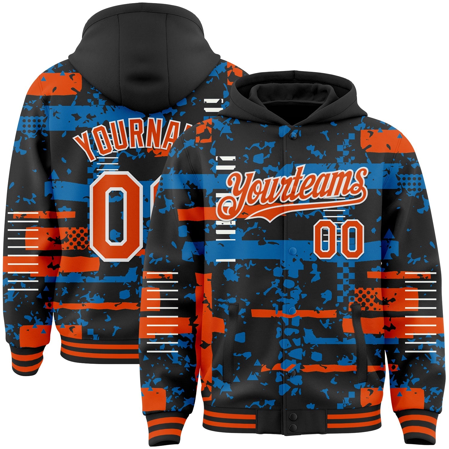 Custom Black Orange Blue-White Abstract Fragment Shape 3D Pattern Design Bomber Full-Snap Varsity Letterman Hoodie Jacket