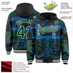 Custom Black Kelly Green Blue-White Abstract Fragment Shape 3D Pattern Design Bomber Full-Snap Varsity Letterman Hoodie Jacket