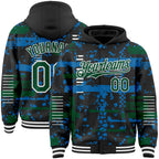 Custom Black Kelly Green Blue-White Abstract Fragment Shape 3D Pattern Design Bomber Full-Snap Varsity Letterman Hoodie Jacket