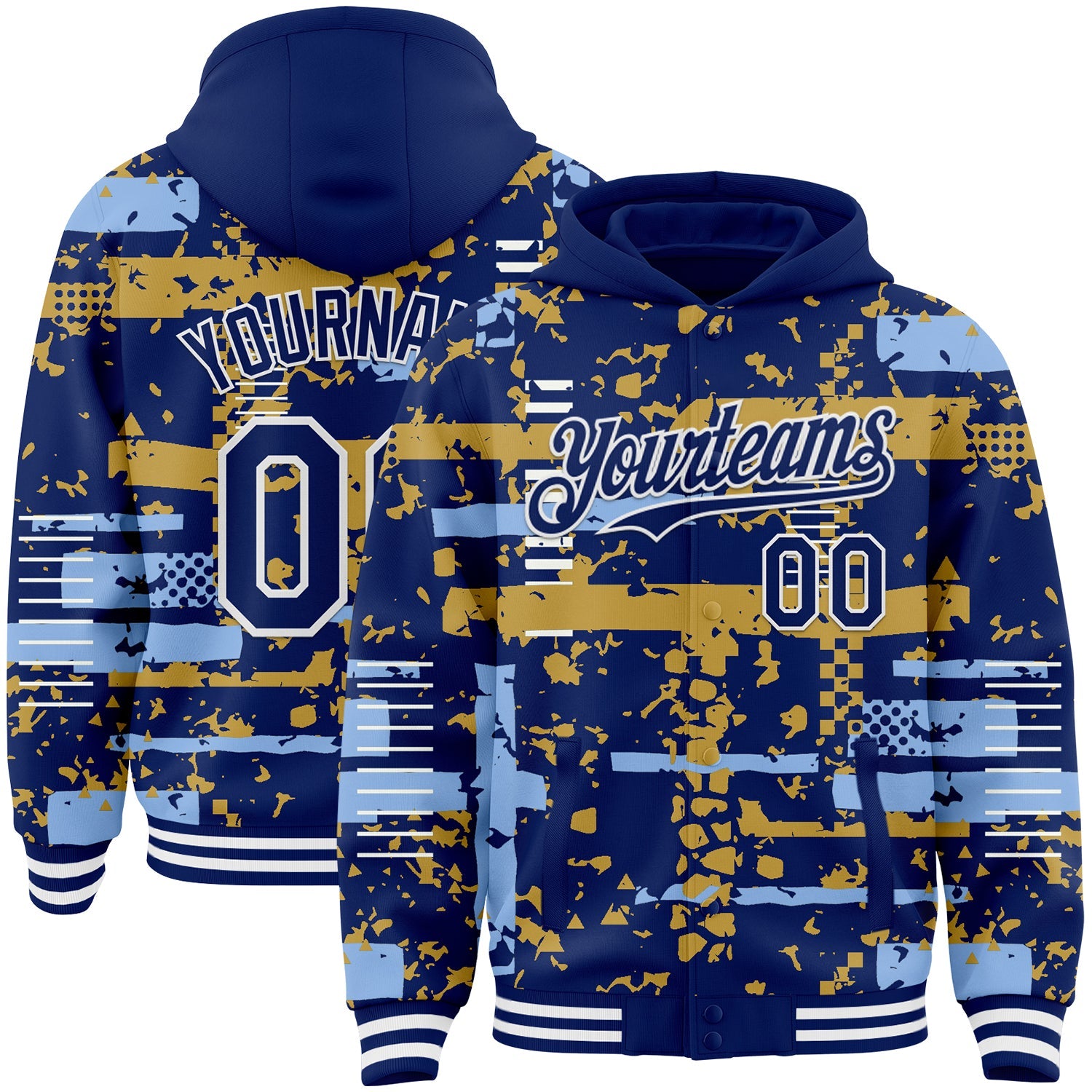 Custom Royal Light Blue Old Gold-White Abstract Fragment Shape 3D Pattern Design Bomber Full-Snap Varsity Letterman Hoodie Jacket