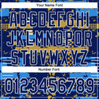 Custom Royal Powder Blue Old Gold-White Abstract Fragment Shape 3D Pattern Design Bomber Full-Snap Varsity Letterman Hoodie Jacket