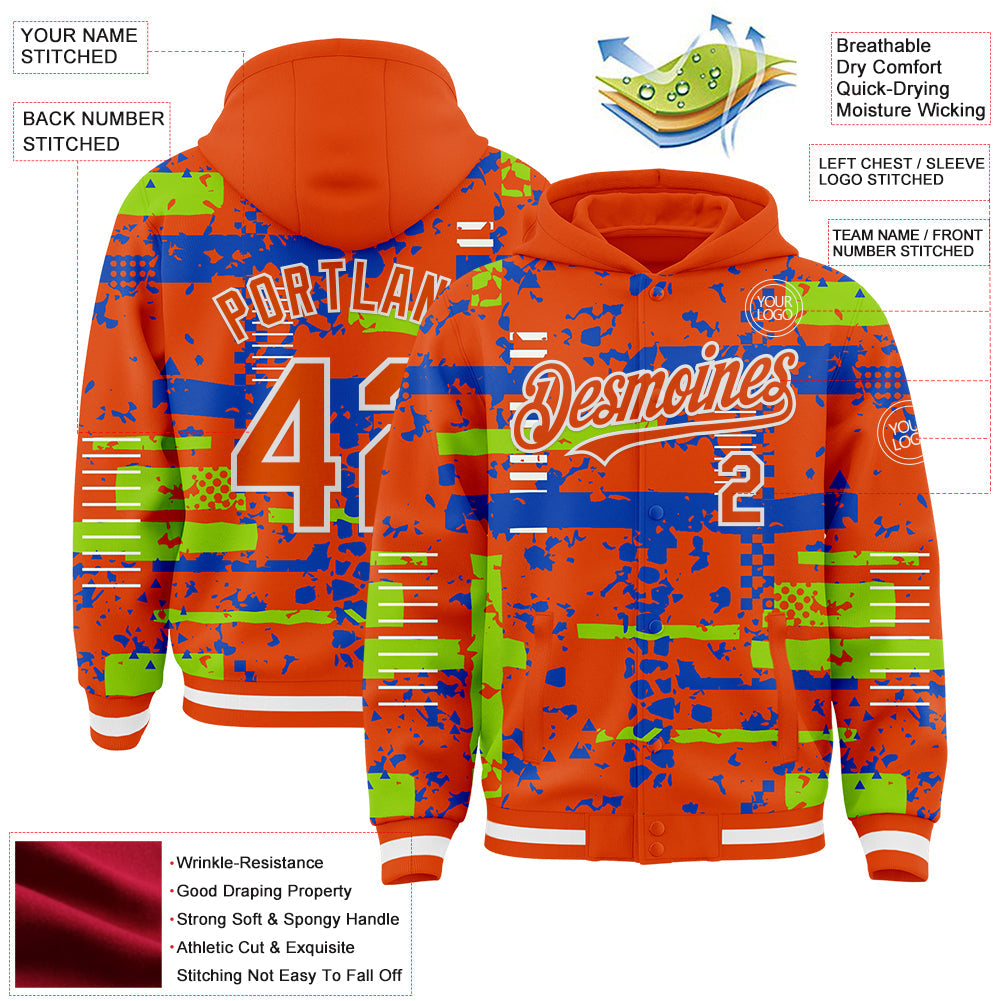 Custom Orange Neon Green Thunder Blue-White Abstract Fragment Shape 3D Pattern Design Bomber Full-Snap Varsity Letterman Hoodie Jacket