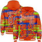 Custom Orange Neon Green Thunder Blue-White Abstract Fragment Shape 3D Pattern Design Bomber Full-Snap Varsity Letterman Hoodie Jacket