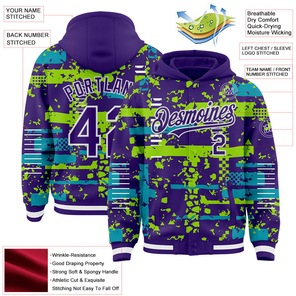 Custom Purple Teal Neon Green-White Abstract Fragment Shape 3D Pattern Design Bomber Full-Snap Varsity Letterman Hoodie Jacket