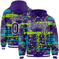 Custom Purple Teal Neon Green-White Abstract Fragment Shape 3D Pattern Design Bomber Full-Snap Varsity Letterman Hoodie Jacket
