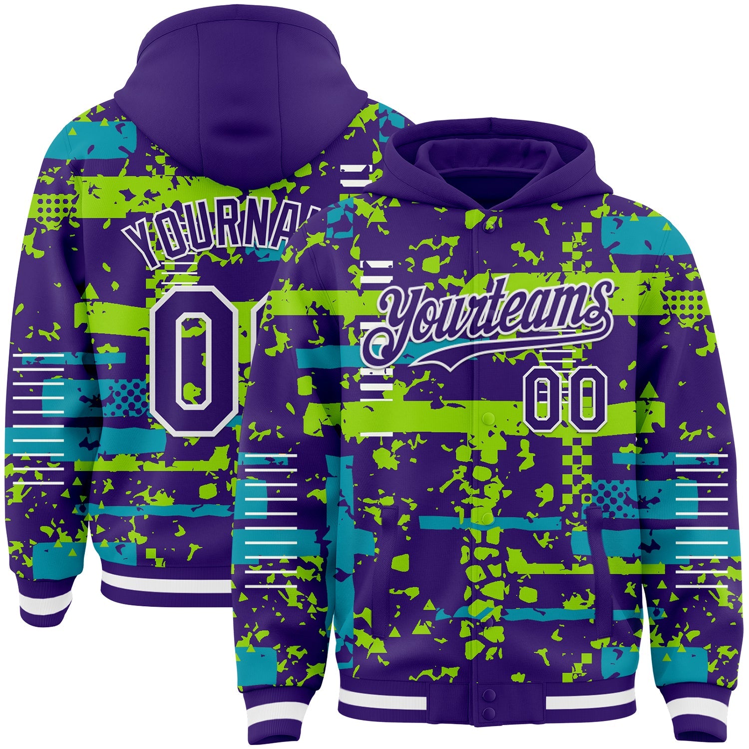 Custom Purple Teal Neon Green-White Abstract Fragment Shape 3D Pattern Design Bomber Full-Snap Varsity Letterman Hoodie Jacket