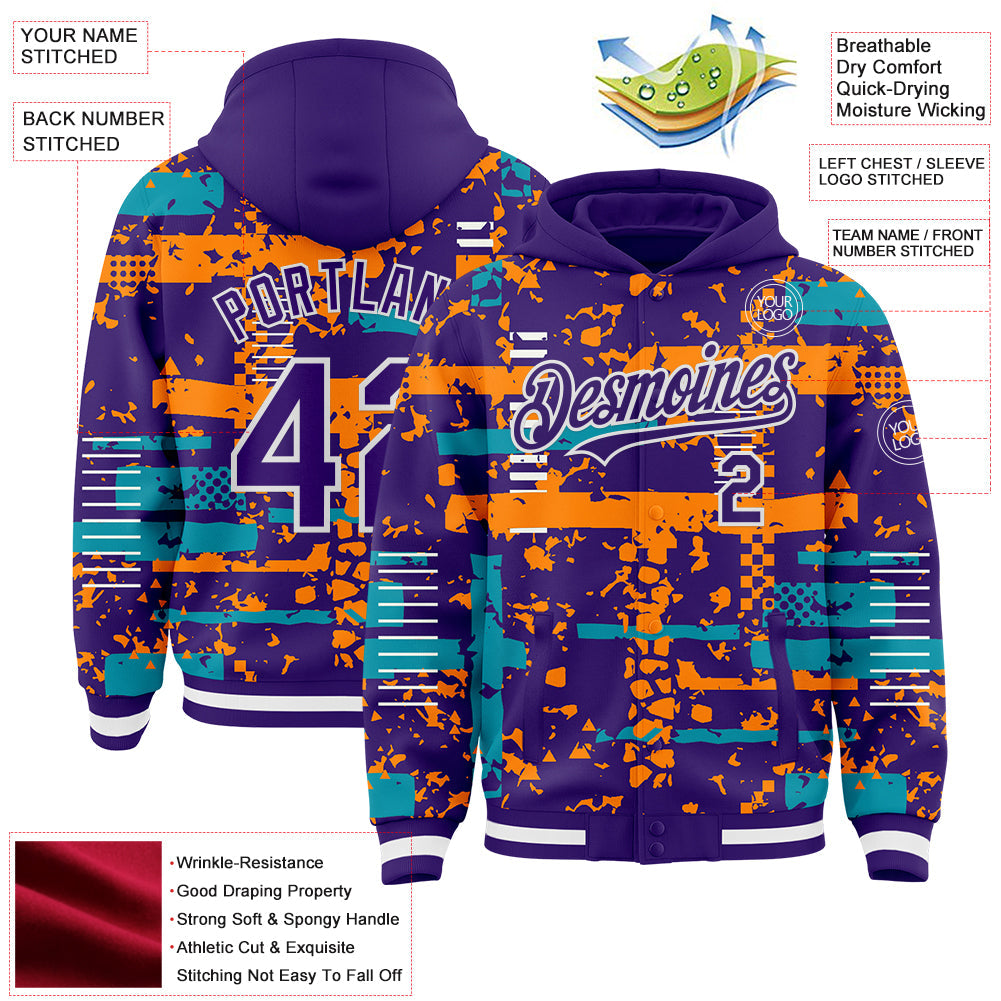 Custom Purple Teal Bay Orange-White Abstract Fragment Shape 3D Pattern Design Bomber Full-Snap Varsity Letterman Hoodie Jacket
