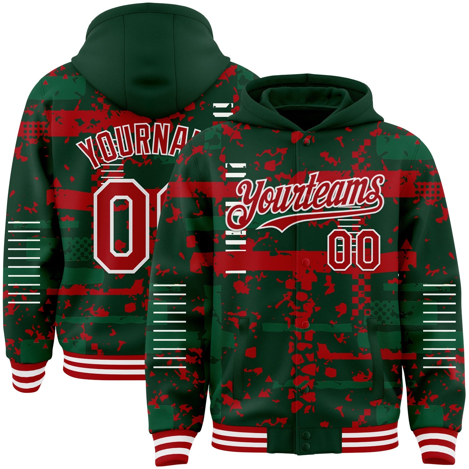 Custom Green Red Kelly Green-White Abstract Fragment Shape 3D Pattern Design Bomber Full-Snap Varsity Letterman Hoodie Jacket