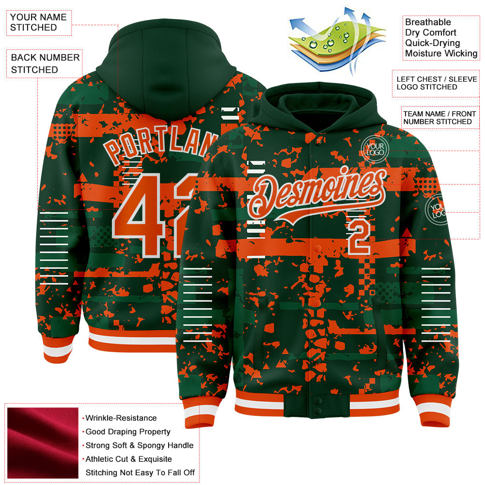 Custom Green Orange Kelly Green-White Abstract Fragment Shape 3D Pattern Design Bomber Full-Snap Varsity Letterman Hoodie Jacket