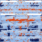 Custom Light Blue Royal Orange-White Abstract Fragment Shape 3D Pattern Design Bomber Full-Snap Varsity Letterman Hoodie Jacket