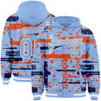 Custom Light Blue Royal Orange-White Abstract Fragment Shape 3D Pattern Design Bomber Full-Snap Varsity Letterman Hoodie Jacket