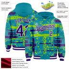 Custom Teal Purple Neon Green-White Abstract Fragment Shape 3D Pattern Design Bomber Full-Snap Varsity Letterman Hoodie Jacket