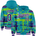 Custom Teal Purple Neon Green-White Abstract Fragment Shape 3D Pattern Design Bomber Full-Snap Varsity Letterman Hoodie Jacket