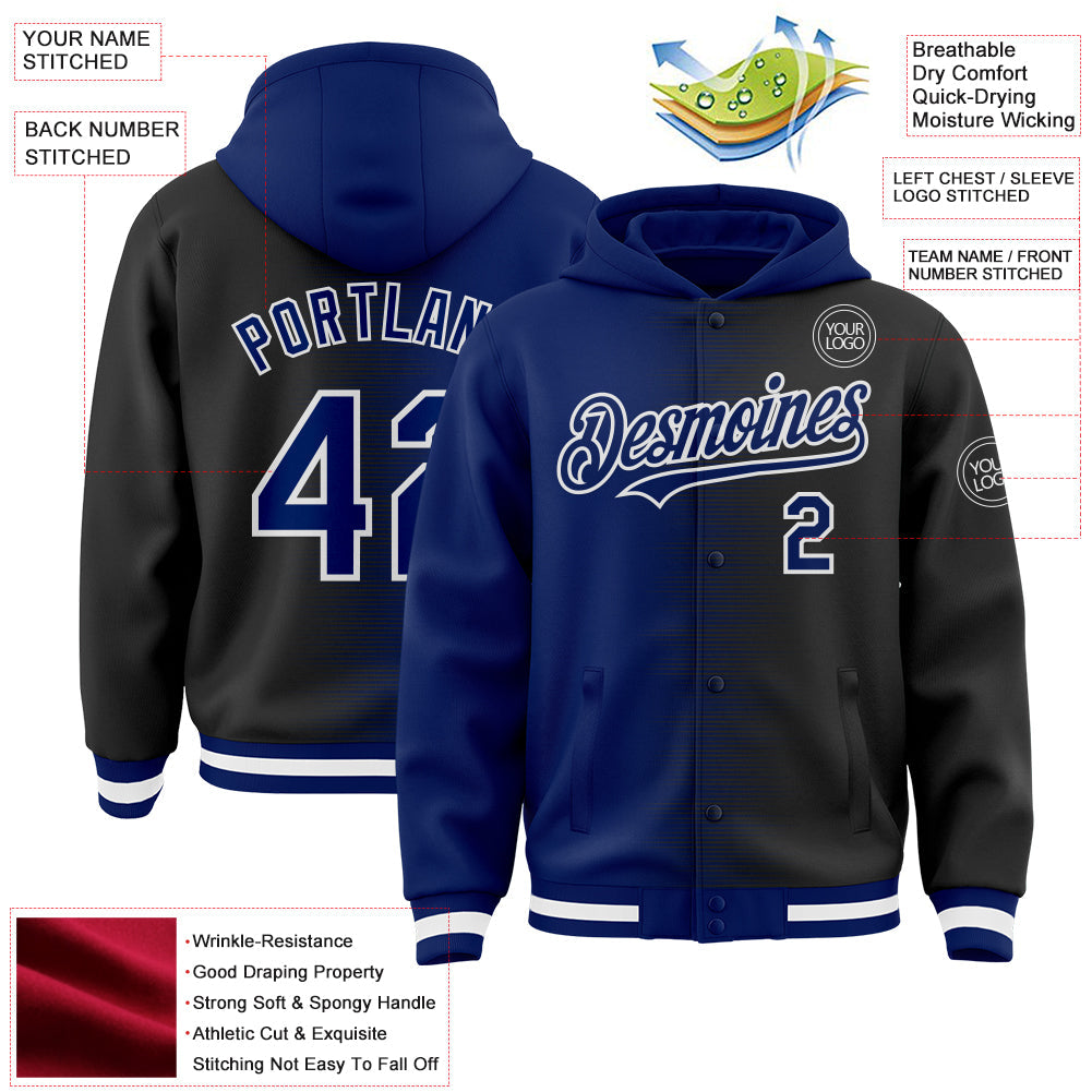 Custom Royal Black-White Gradient Line Bomber Full-Snap Varsity Letterman Hoodie Jacket