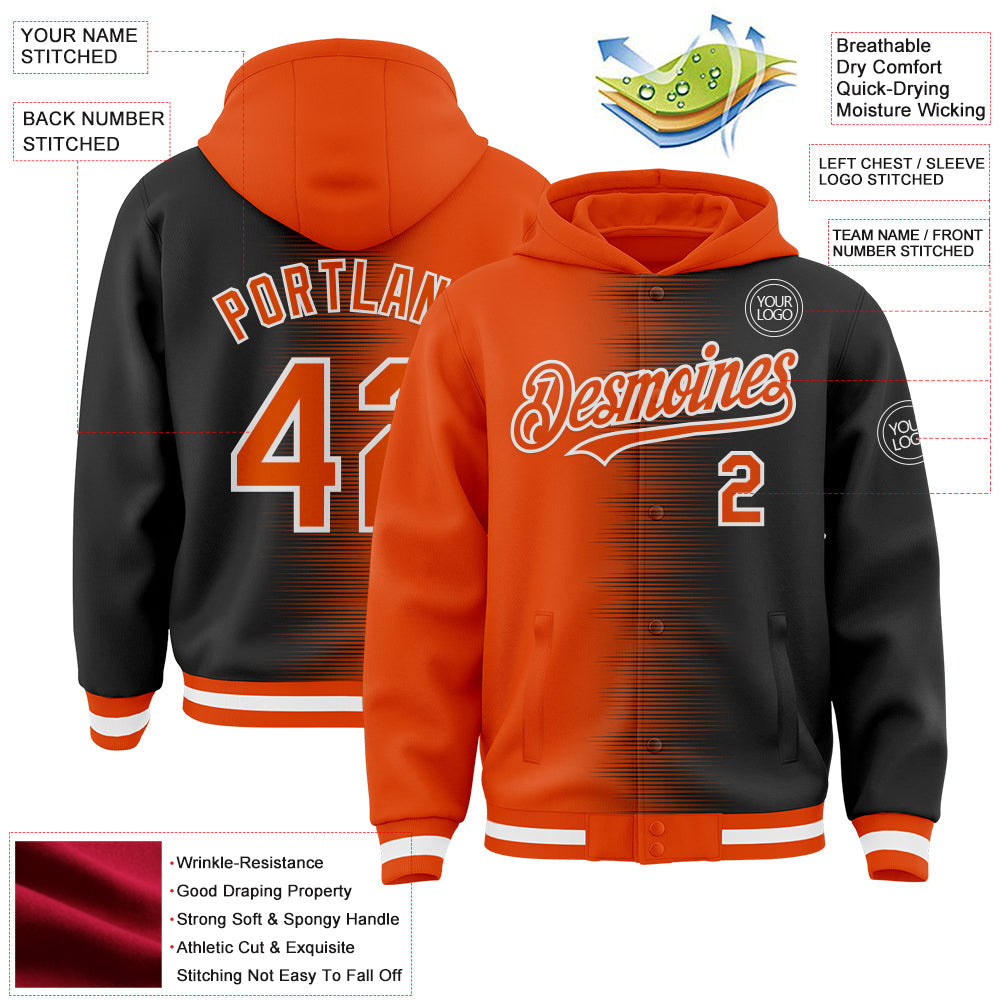 Custom Orange Black-White Gradient Line Bomber Full-Snap Varsity Letterman Hoodie Jacket