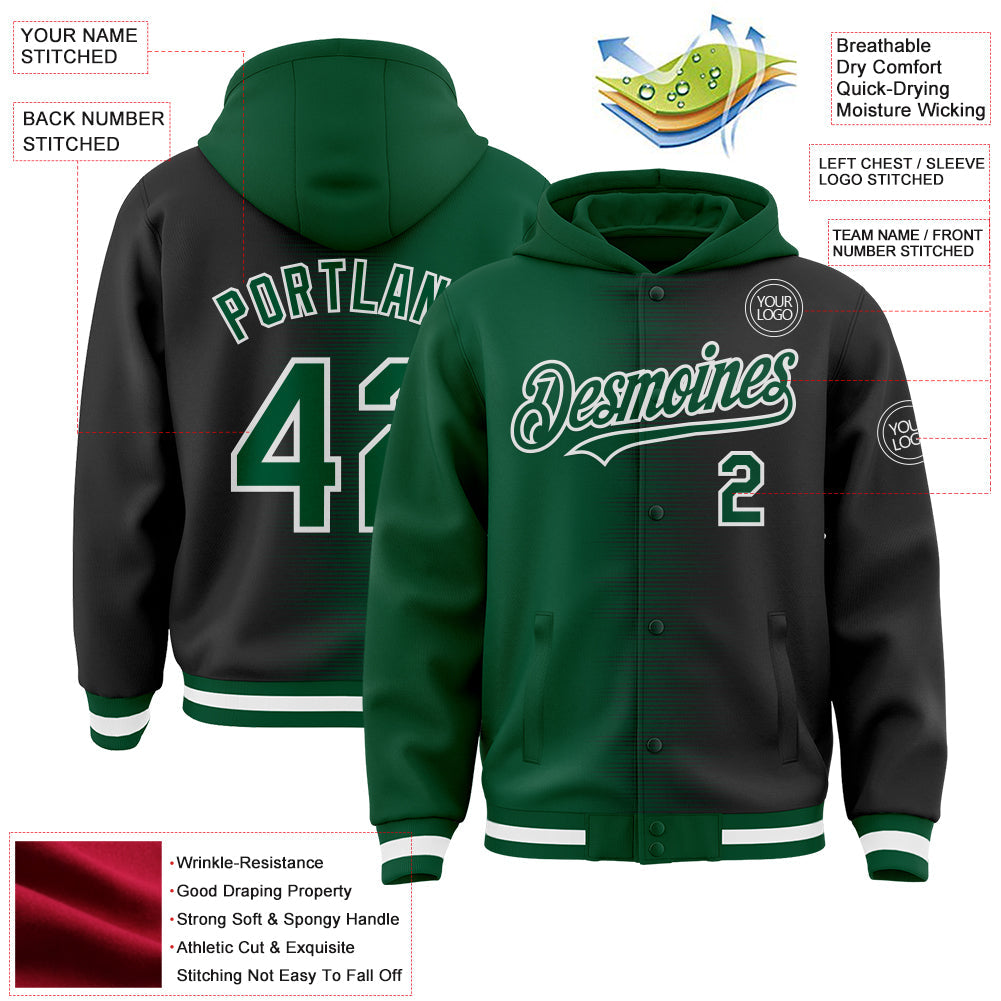 Custom Kelly Green Black-White Gradient Line Bomber Full-Snap Varsity Letterman Hoodie Jacket