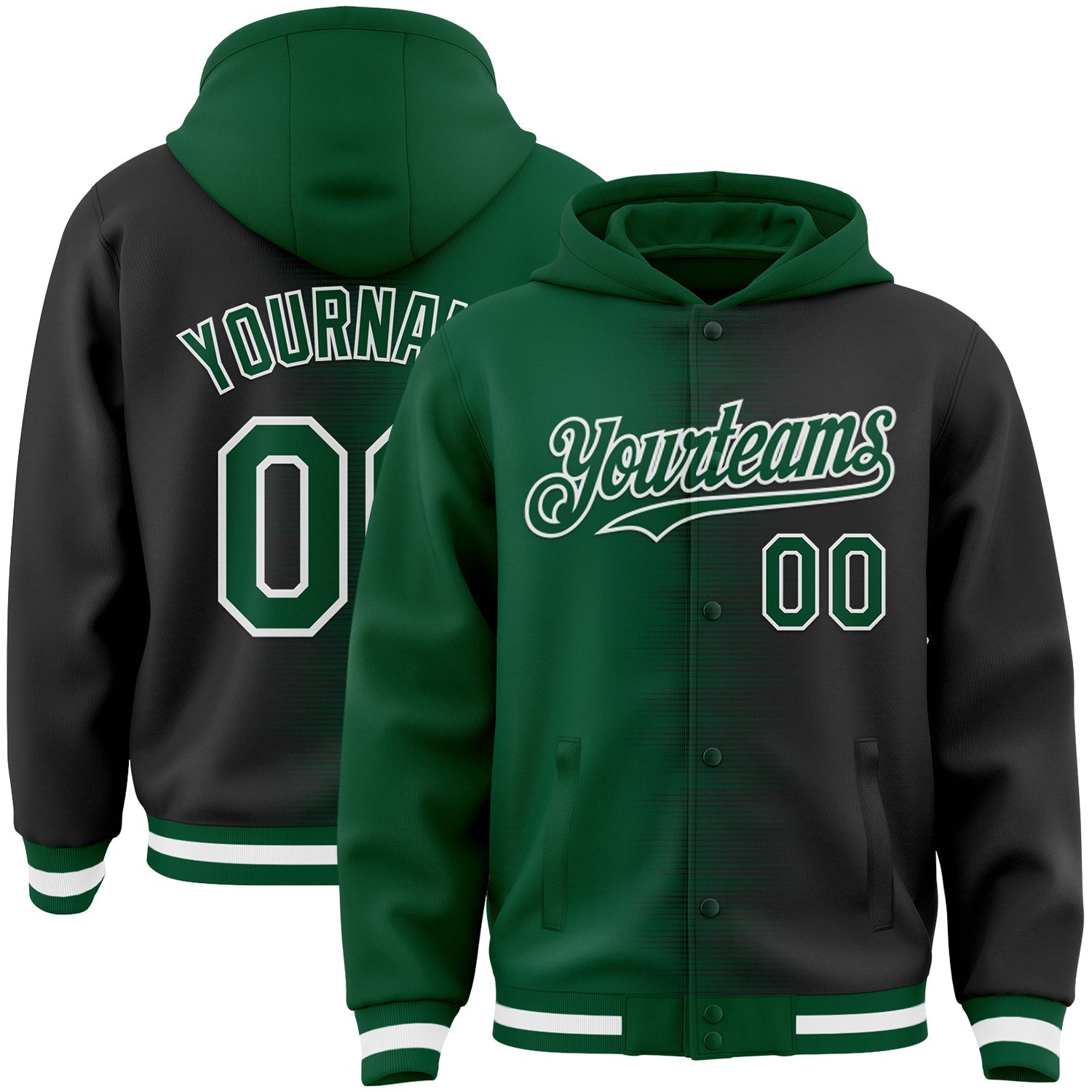 Custom Kelly Green Black-White Gradient Line Bomber Full-Snap Varsity Letterman Hoodie Jacket
