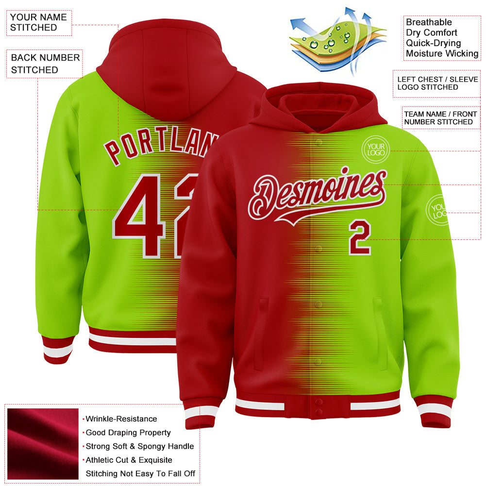 Custom Red Neon Green-White Gradient Line Bomber Full-Snap Varsity Letterman Hoodie Jacket