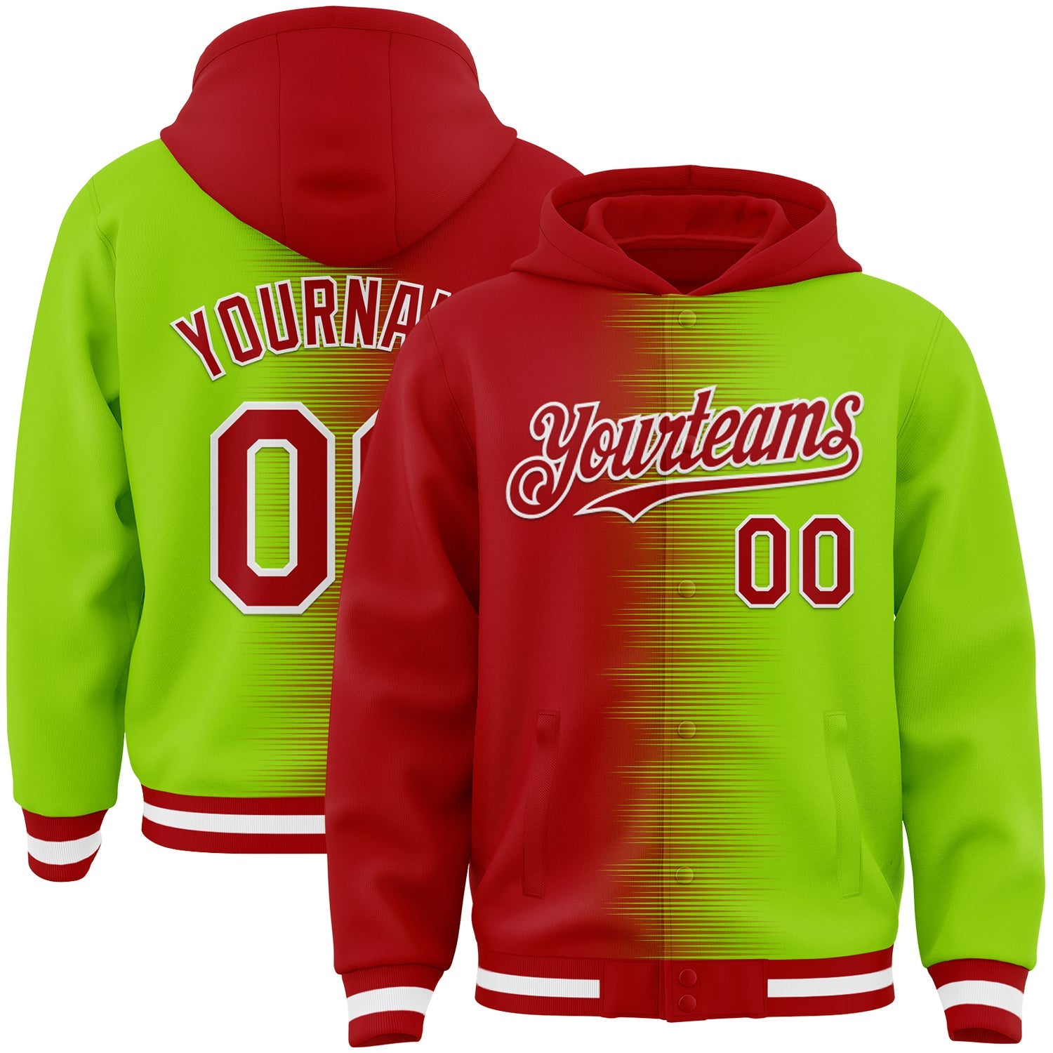 Custom Red Neon Green-White Gradient Line Bomber Full-Snap Varsity Letterman Hoodie Jacket
