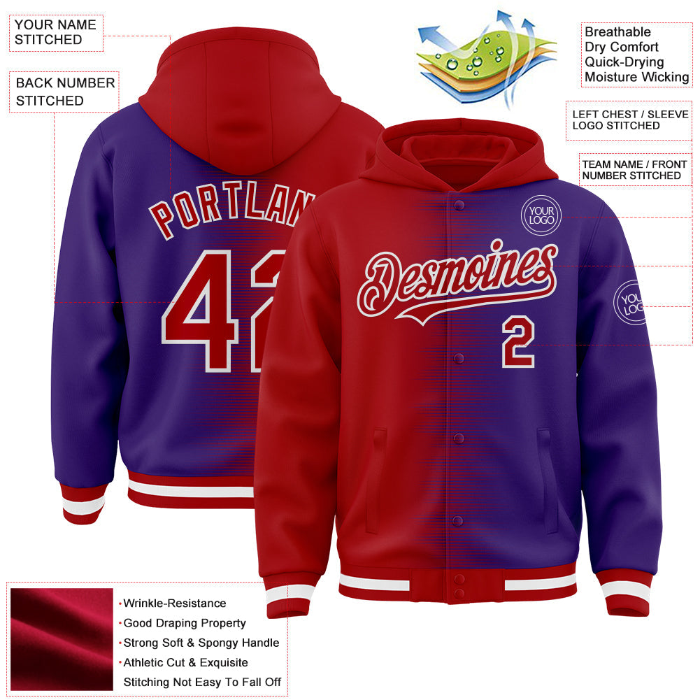 Custom Red Purple-White Gradient Line Bomber Full-Snap Varsity Letterman Hoodie Jacket