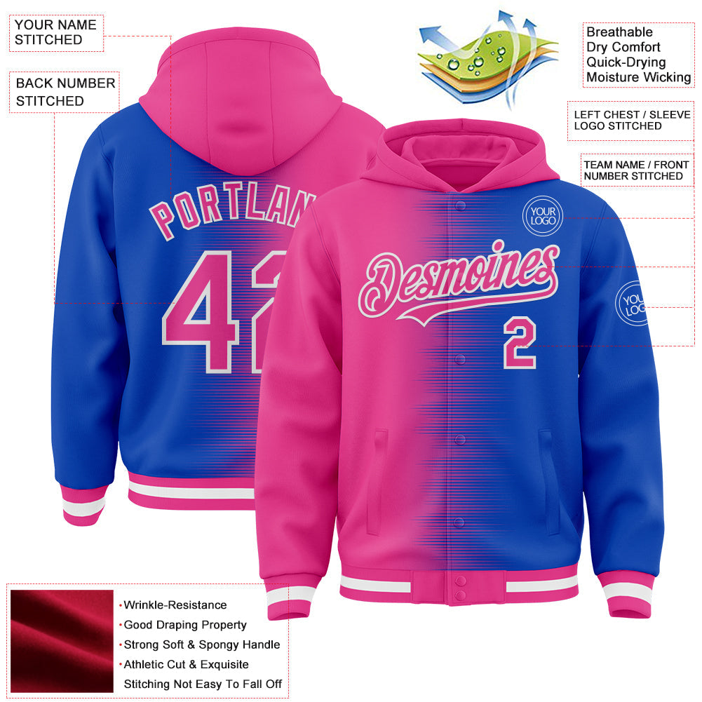 Custom Pink Thunder Blue-White Gradient Line Bomber Full-Snap Varsity Letterman Hoodie Jacket