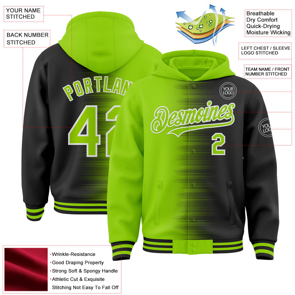 Custom Neon Green Black-White Gradient Line Bomber Full-Snap Varsity Letterman Hoodie Jacket