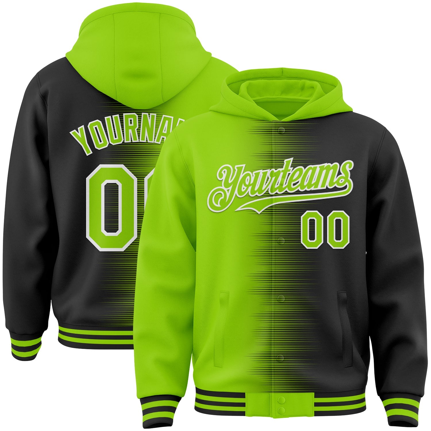 Custom Neon Green Black-White Gradient Line Bomber Full-Snap Varsity Letterman Hoodie Jacket