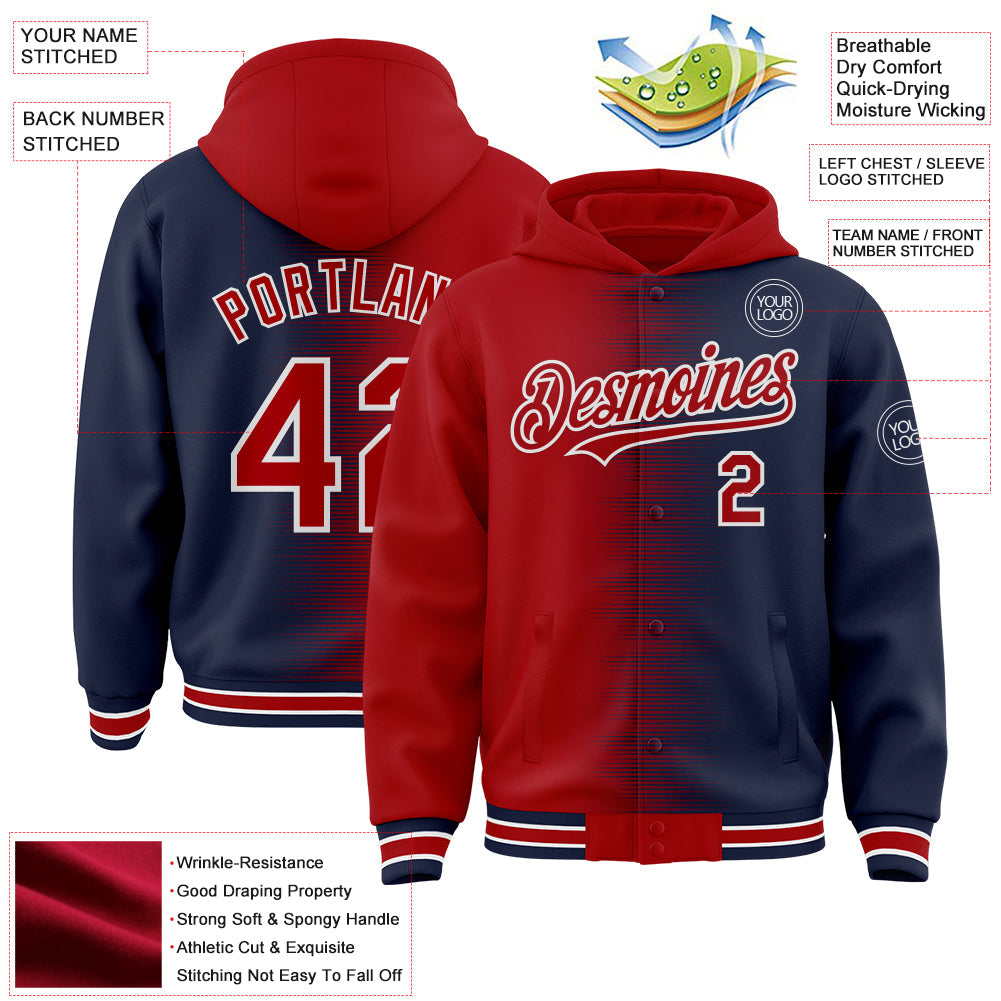 Custom Red Navy-White Gradient Line Bomber Full-Snap Varsity Letterman Hoodie Jacket
