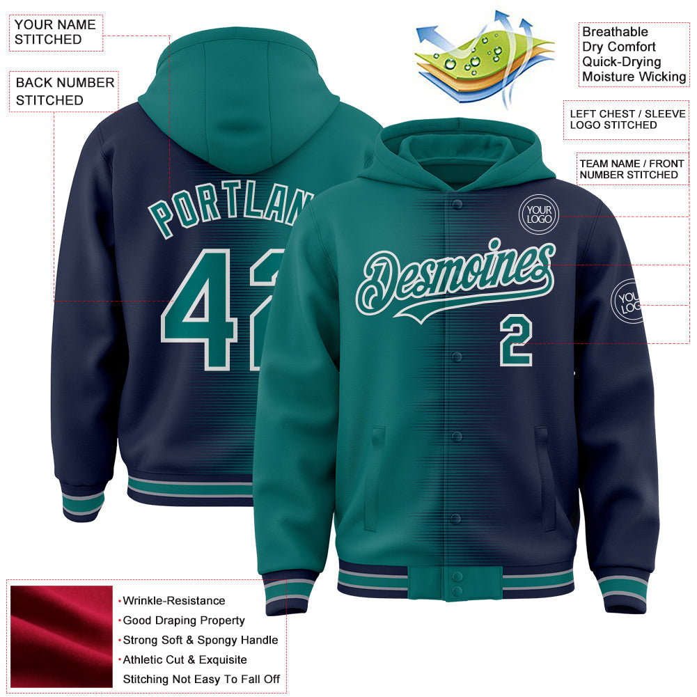 Custom Teal Navy-White Gradient Line Bomber Full-Snap Varsity Letterman Hoodie Jacket